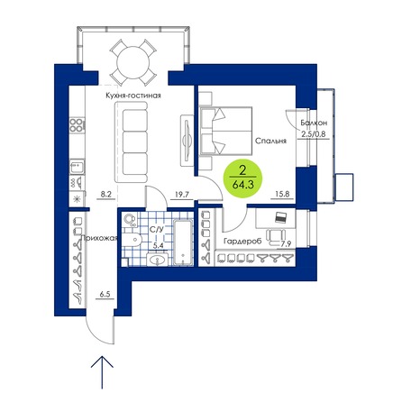 Планировка 2-комн 64,3 м²