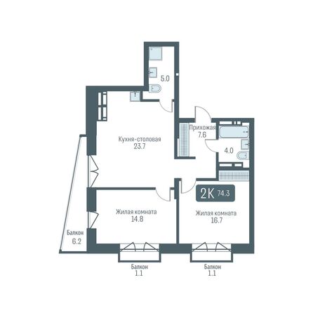Планировка 2-комн 74,3, 74,4 м²