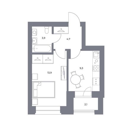 Планировка 1-комн 33,9 м²