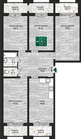 Планировка 4-комн 107,5 м²