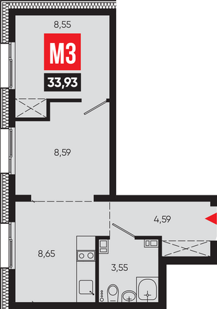 Планировка 3-комн 33,93 м²