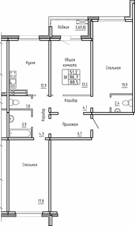 Планировка 3-комн 90 м²