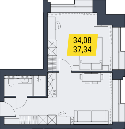 Планировка 1-комн 37,1 - 37,77 м²