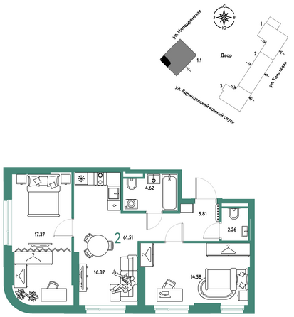 Планировка 2-комн 61,51 - 62,02 м²