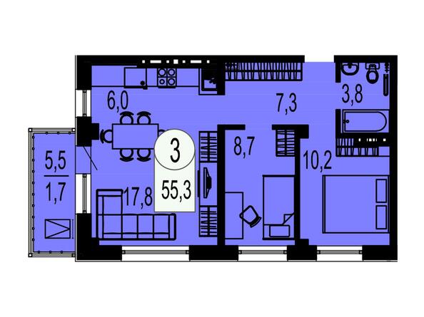 Планировка трехкомнатной квартиры 55,3 кв.м