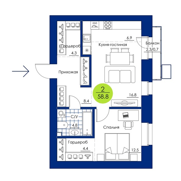 Планировка 2-комн 58,8 м²