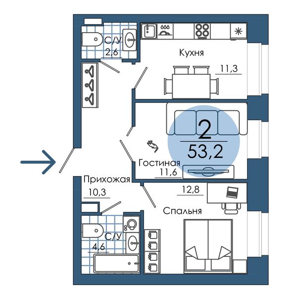 Планировка 2-комн 53,2 м²