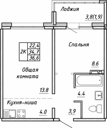 Планировка 2-комн 36,6 м²