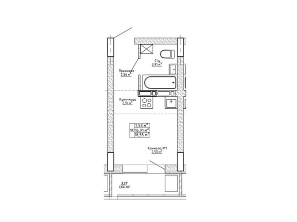 Планировка однокомнатной квартиры 18,55 кв.м