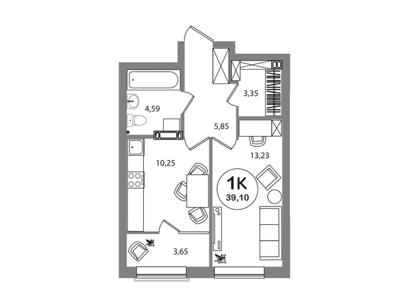 Планировка 1-комн 39,1 м²