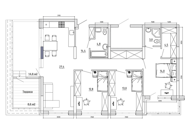 Планировка 4-комн 123,4 м²