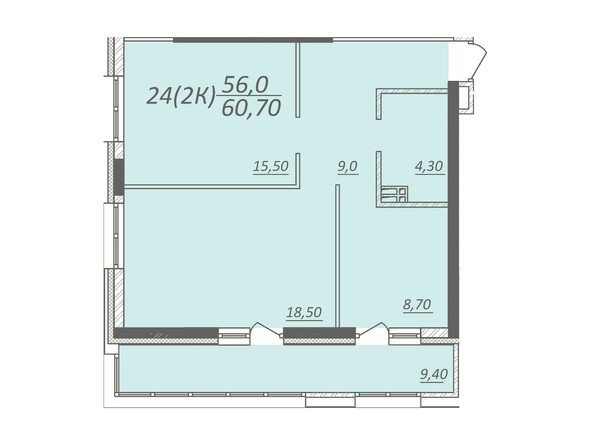 Планировка 2-комнатной квартиры 60,7 кв.м