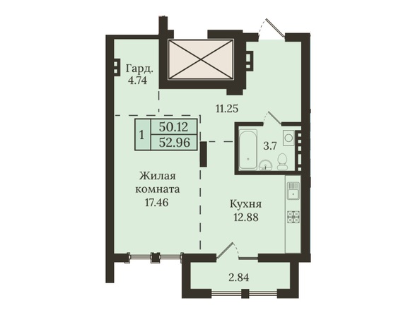 Планировка 1-комн 52,87, 52,96 м²