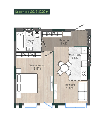 Планировка 2-комн 42,22 м²