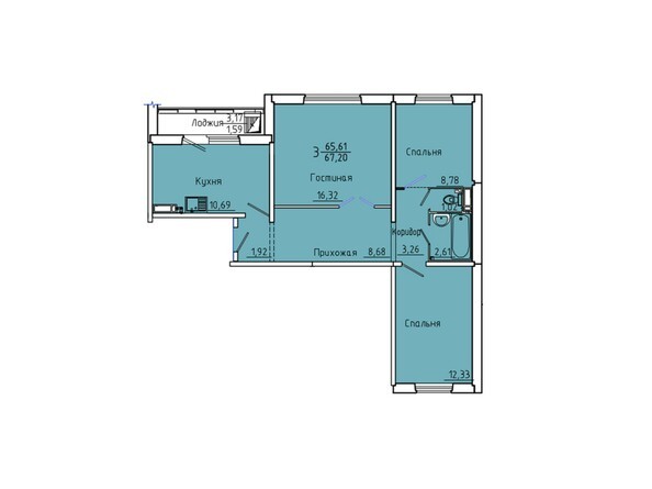 Планировка трехкомнатной квартиры 67,2 кв.м
