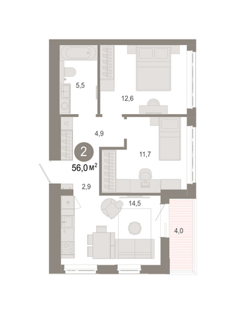 Планировка 2-комн 56 м²