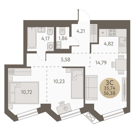 Планировка 3-комн 56,37, 56,38 м²