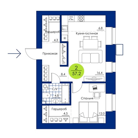 Планировка 2-комн 57,2 м²