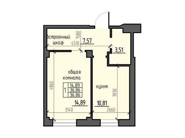 Планировка однокомнатной квартиры 36,86 кв.м