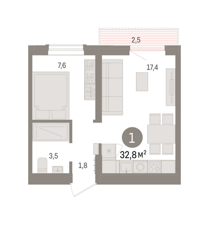 Планировка 1-комн 32,76 м²