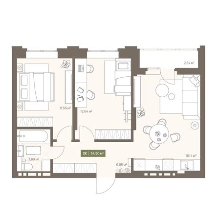 Планировка 2-комн 54,5 м²