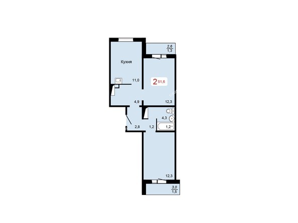 2 блок-секция. Планировка двухкомнатной квартиры 51,6 кв.м