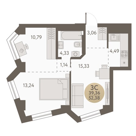 Планировка 3-комн 52,38, 52,49 м²