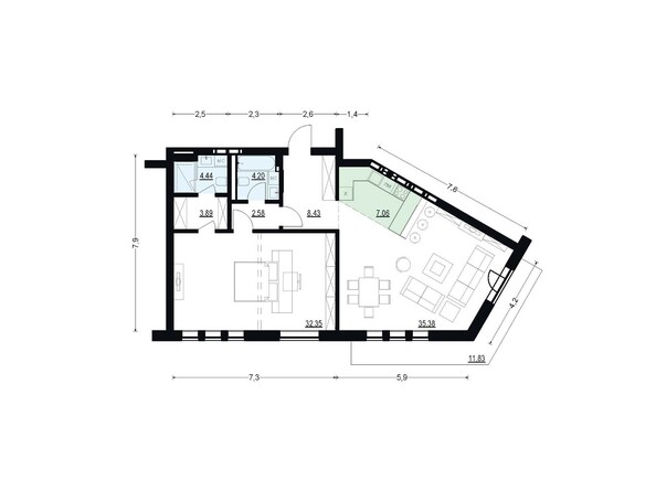 Планировка двухкомнатной квартиры 98,33 кв.м