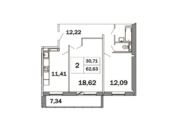 Планировка двухкомнатной квартиры 62,63 кв.м