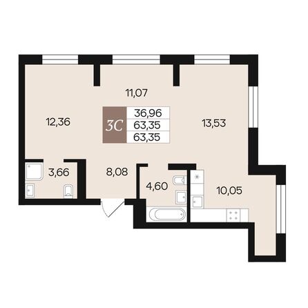 Планировка 3-комн 63,35, 63,57 м²