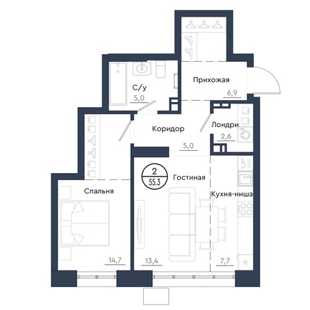Планировка 2-комн 55,3 м²