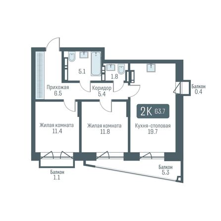 Планировка 2-комн 63,7, 63,9 м²