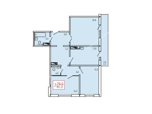 Планировка трехкомнатной квартиры 81,2 кв.м. Этажи 10-16