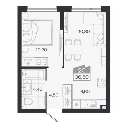Планировка 2-комн 36,5 м²