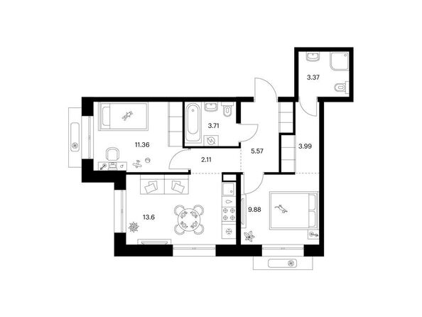Планировка 2-комн 53,59 м²