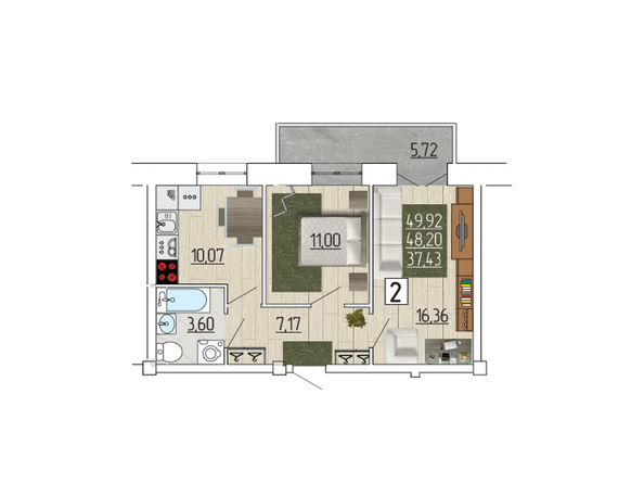 Планировка двухкомнатной квартиры 49,92 кв.м