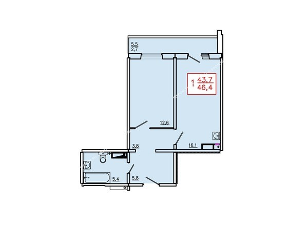 Планировка однокомнатной квартиры 46,4 кв.м. Этажи 2-9