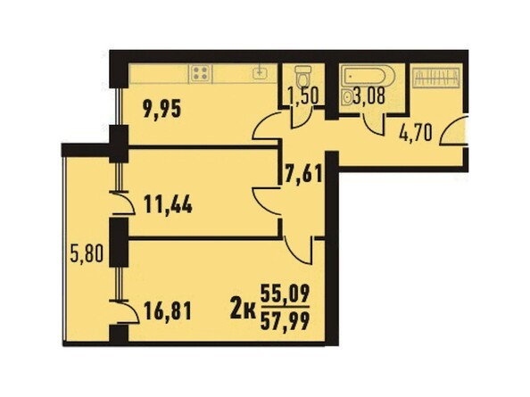 Планировка двухкомнатной квартиры 57,99 кв.м