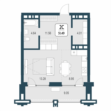 Планировка 2-комн 51,49 м²