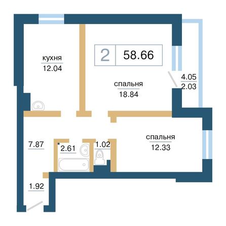 Планировка 2-комн 58,66 м²