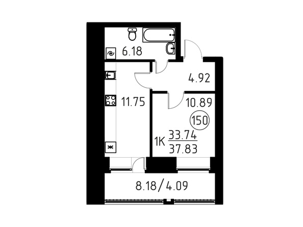 Планировка 1-комн 37,83 м²