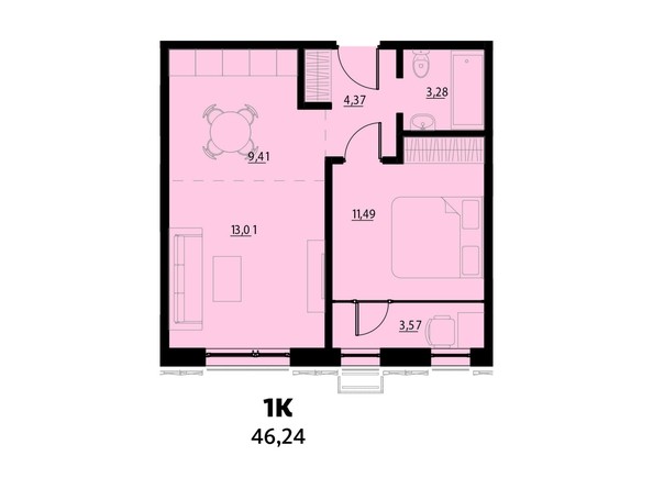 Планировка 1-комнатной 46,24 кв.м