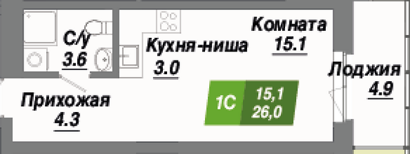 Планировка 1-комн 26 м²