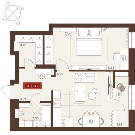 Планировка 2-комн 53,2 м²