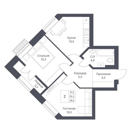 Планировка 2-комн 58,6 м²