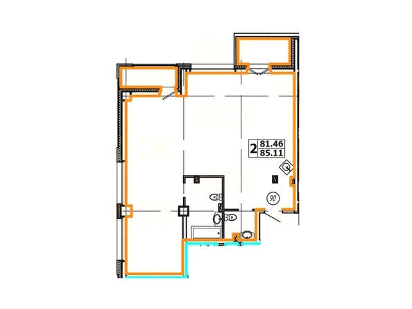 Планировка 2-комнатной квартиры 85,11 кв. м