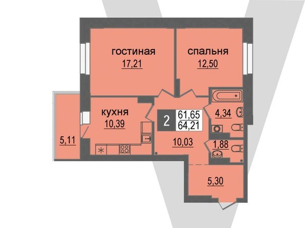 Планировка 2-комнатной 64,21 кв.м