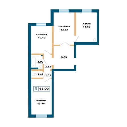 Планировка 3-комн 65 м²