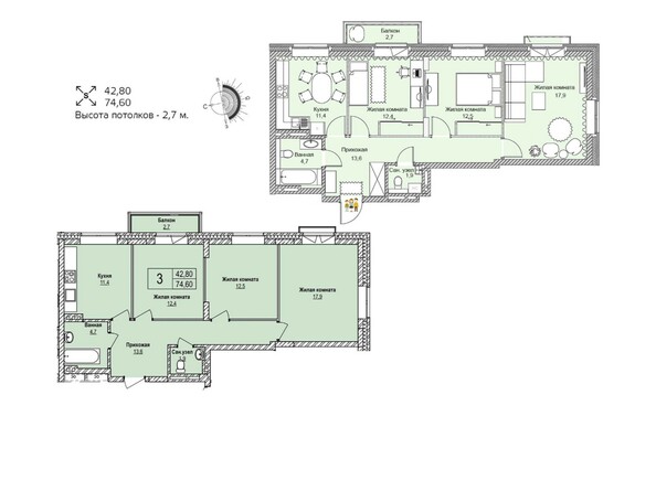 Планировка трехкомнатной квартиры 74,6 кв.м