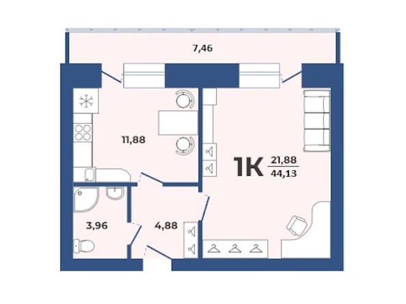 Планировка 1-комн 44,13 м²